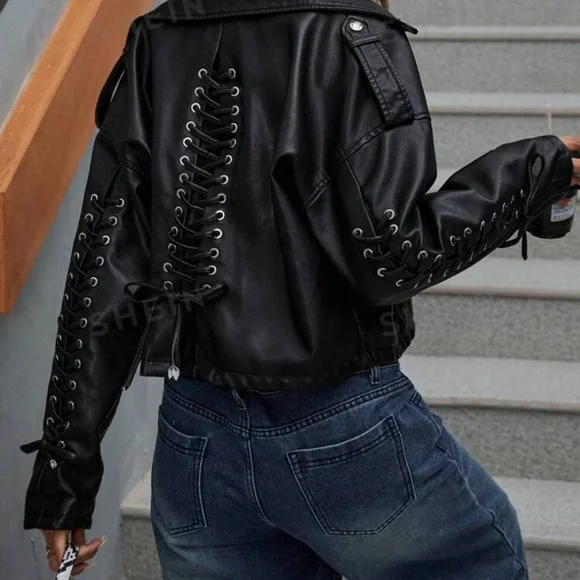 Affinna Retro Punk Style Cropped PU Leather Moto Jacket With Straps, Cool Design